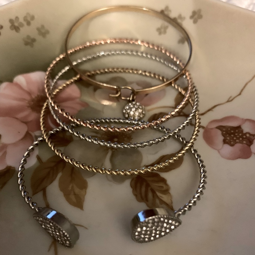 Five Bangle Bracelets. Various colors. Gold, Rose Gold, Silver.